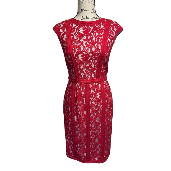 Tadashi Shoji Lace Boatneck Cap Sleeve Cocktail‎ Red Dress, 6 - Picture 2 of 15